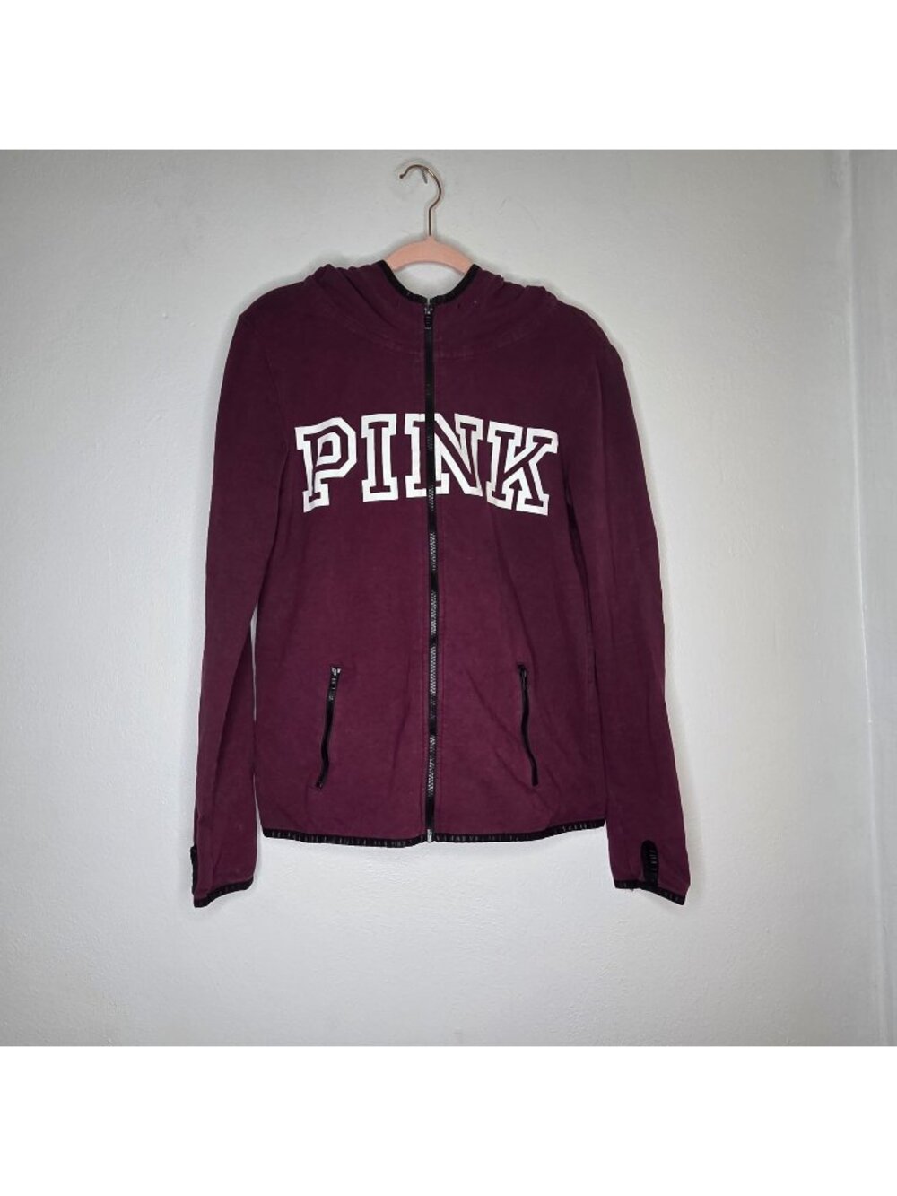 Pink Victorias Secret Full-Zip Hoodie Maroon M Cotton Blend Thumbholes